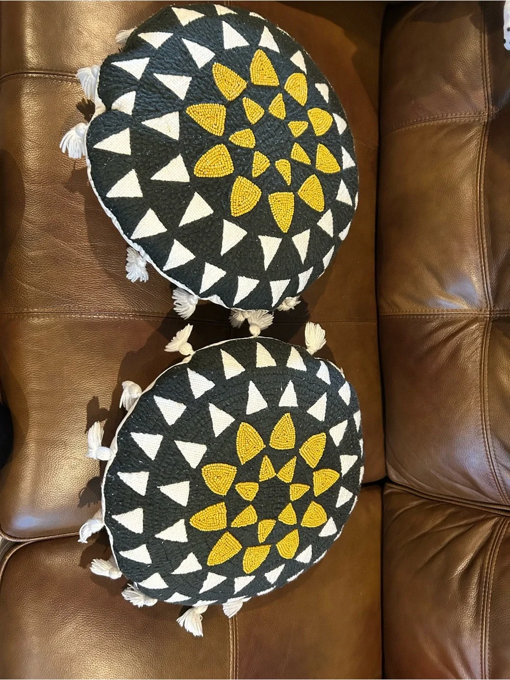 Two Round Decorative Pouf Cushion with Geometric Beadwork-Black, White & Mustard - Picture 5 of 8